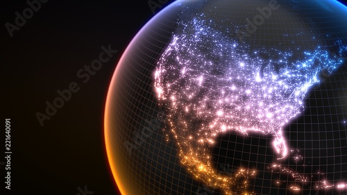 dark earth globe with glowing details of city and human population density areas. 3d illustration