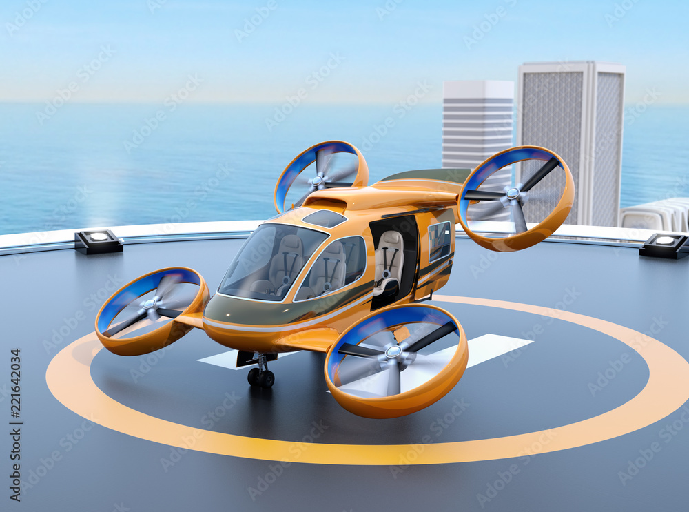 Orange Passenger Drone Taxi from helipad on the roof of a skyscraper. 3D rendering image. ilustración de Adobe Stock