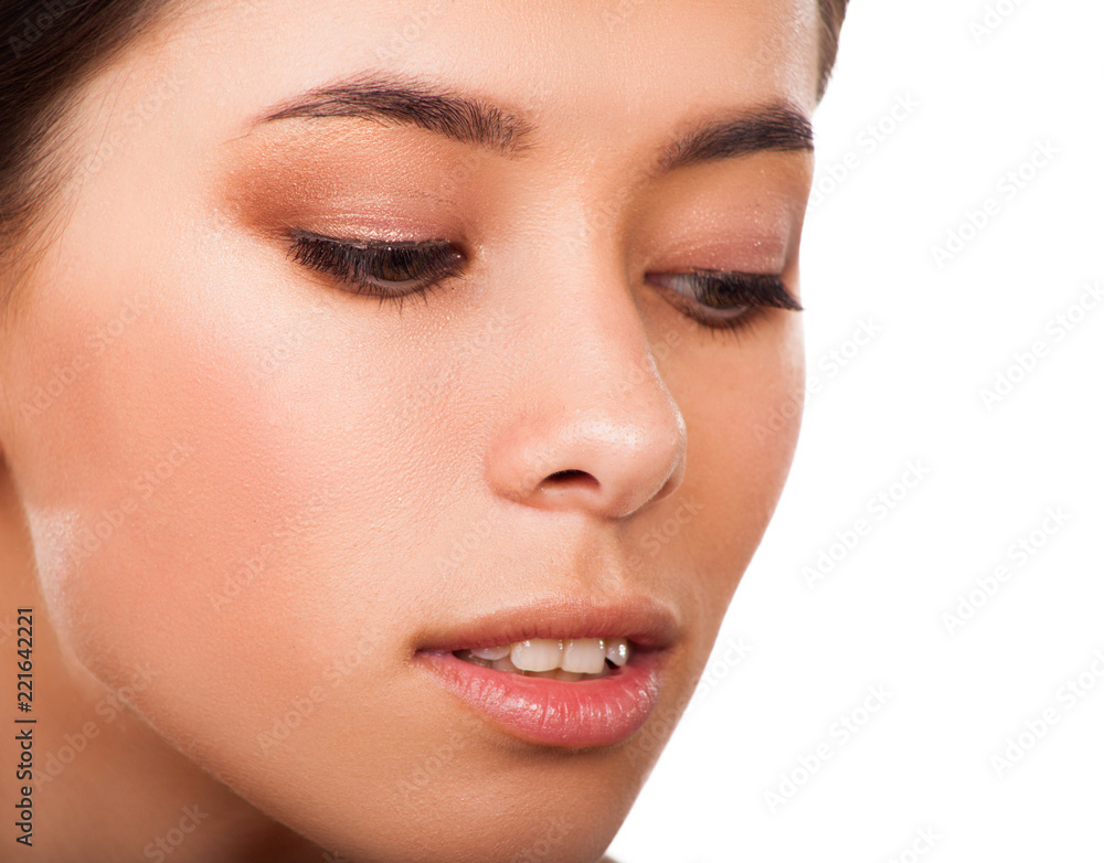 close up photo of beautiful asian girls face with perfect fresh skin and natural makeup
