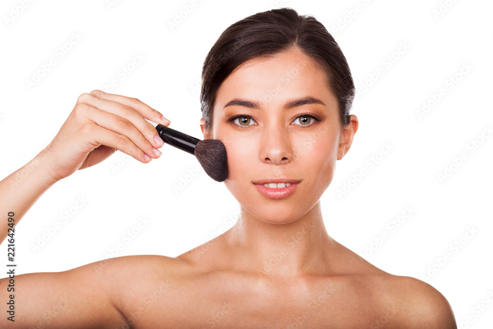 Beautiful woman with makeup brush . Face beauty Beautiful woman with makeup brush . Face beauty