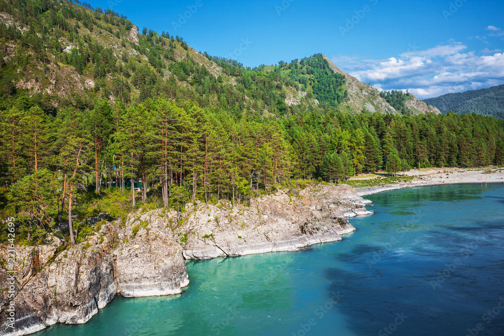 The Katun river with rocky cliffs. The Altai Mountains, Southern Siberia