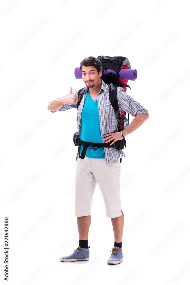 Backpacker with large backpack isolated on white Backpacker with large backpack isolated on white