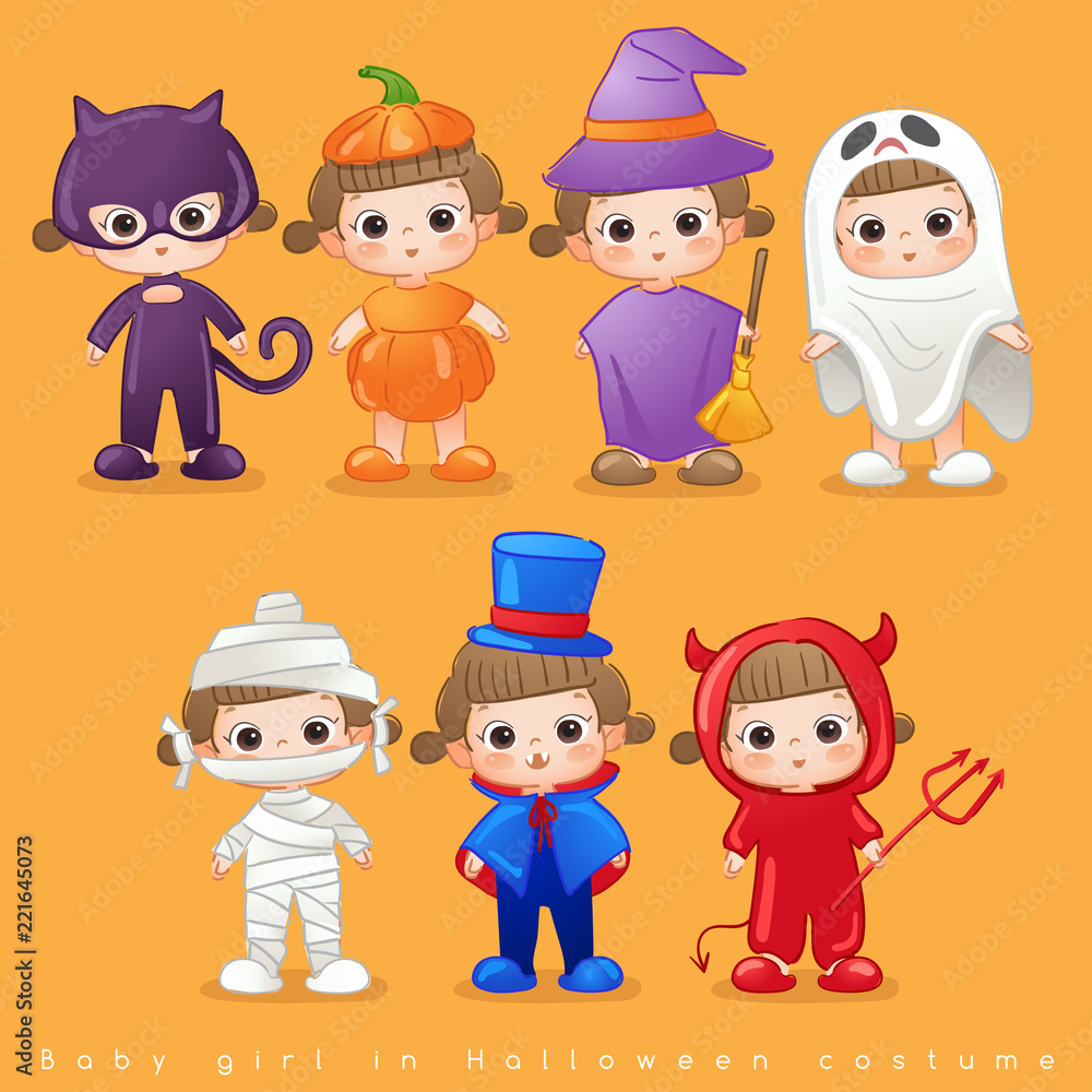 Baby Girl in Halloween Costumes : Vector Illustration Baby Girl in Halloween Costumes : Vector Illustration