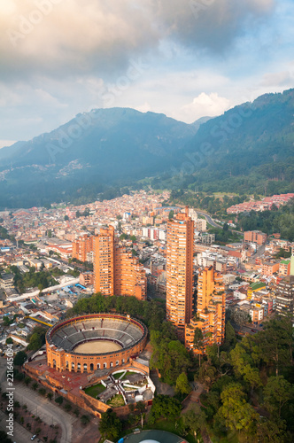 panoramic view of the city of Bogotá with the bullring and housing buildings. Colombia