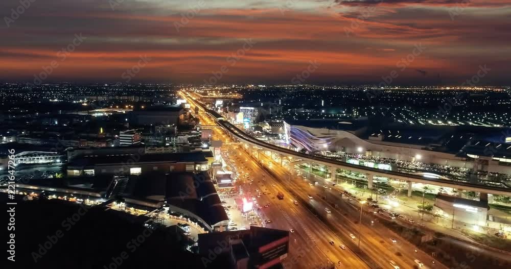 Aerial view move forward on road traffic in city at night. Aerial view move forward on road traffic in city at night.