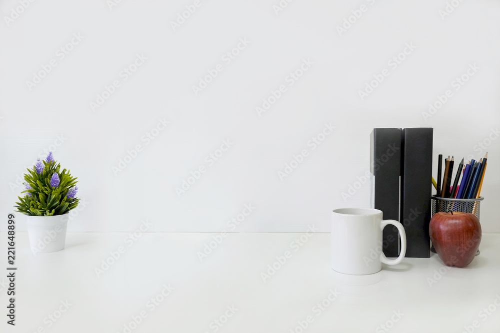 custom made wallpaper toronto digitalMockup table with plant decorate, cup of coffee, book,red apple and jar of pencil on white table and white background.