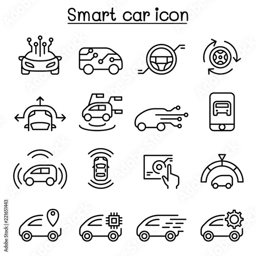 Smart car icons set in thin line style