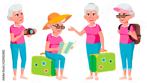 Old Woman Poses Set Vector. Elderly People. Senior Person. Aged. Tourist, Tourism. Positive Pensioner. Web, Brochure, Poster Design. Isolated Cartoon Illustration