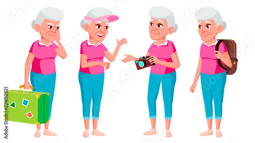 Old Woman Poses Set Vector. Elderly People. Senior Person. Aged. Tourist, Tourism. Active Grandparent. Joy. Presentation, Print, Invitation Design. Isolated Cartoon Illustration