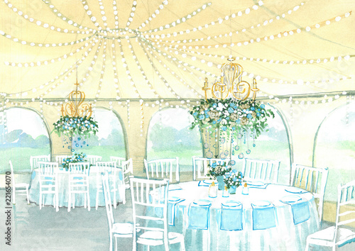 Sketch of the wedding table. Festive table. Wedding sketch. Beautiful wedding design.