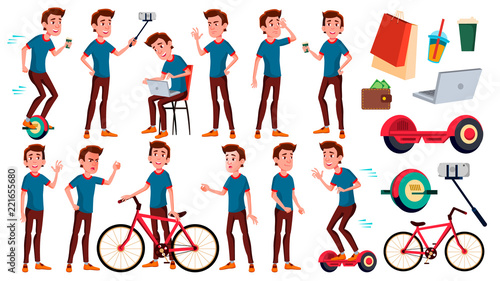 Teen Boy Poses Set Vector. Emotional, Pose. For Advertising, Placard, Print Design. Isolated Cartoon Illustration