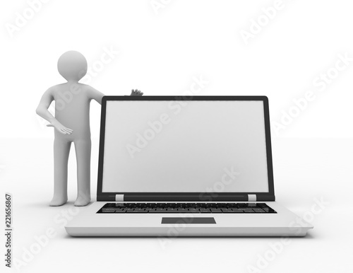 3d people - human character supported by laptop - 3dr illustration photo