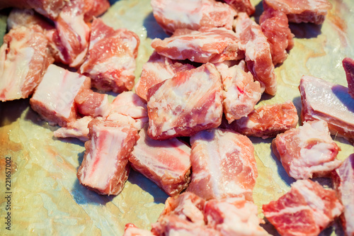 Pork bone in the fresh market.pile of raw pork bone.