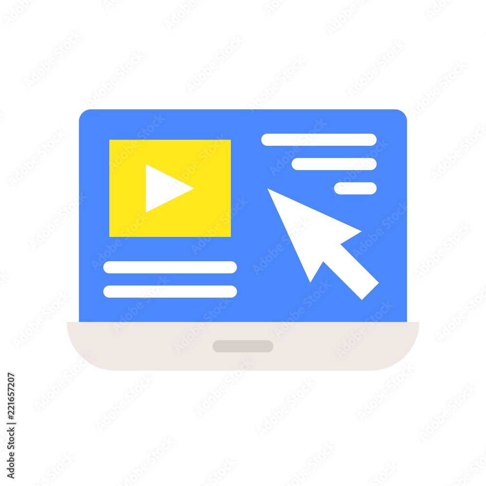 cursor arrow and video clip on laptop screen, website related icon