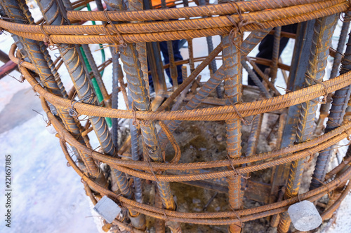 Construction work. Rebar steel for reinforcing concrete column.