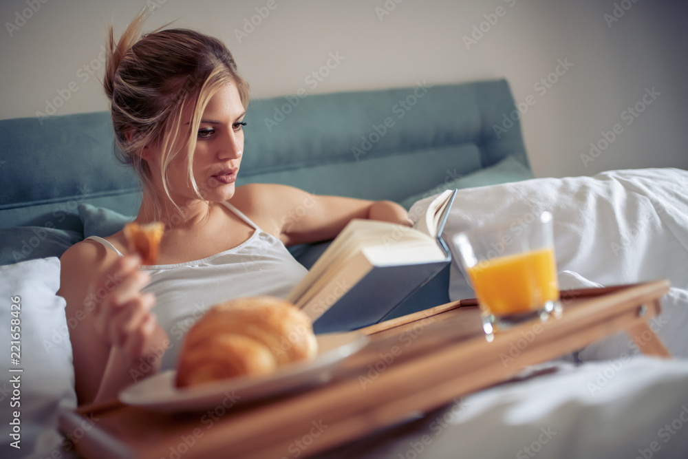 Breakfast in bed for young beautiful woman Breakfast in bed for young beautiful woman