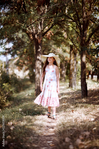 a girl walks along a forest path  dressed in a long dress and wide hat  bright sun and shadows  a beautiful summer day