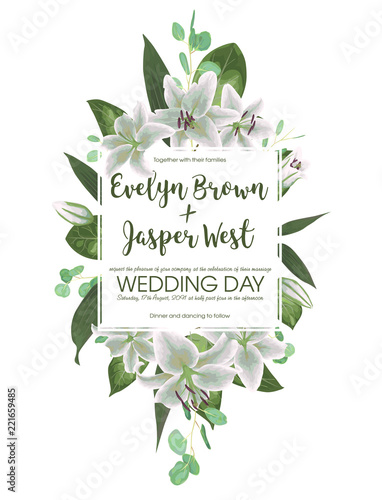 Wedding floral invitation, invite card. Vector watercolor style herbs, eucalyptus, white delicate lilly, waxflower natural, botanical green decorative square frame, geometric