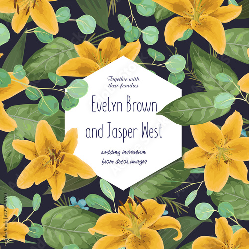 Wedding floral invitation, invite card. Vector watercolor style forest greenery, herbs, eucalyptus, leaves lilly, waxflower natural, botanical green, decorative geometric hexagon frame