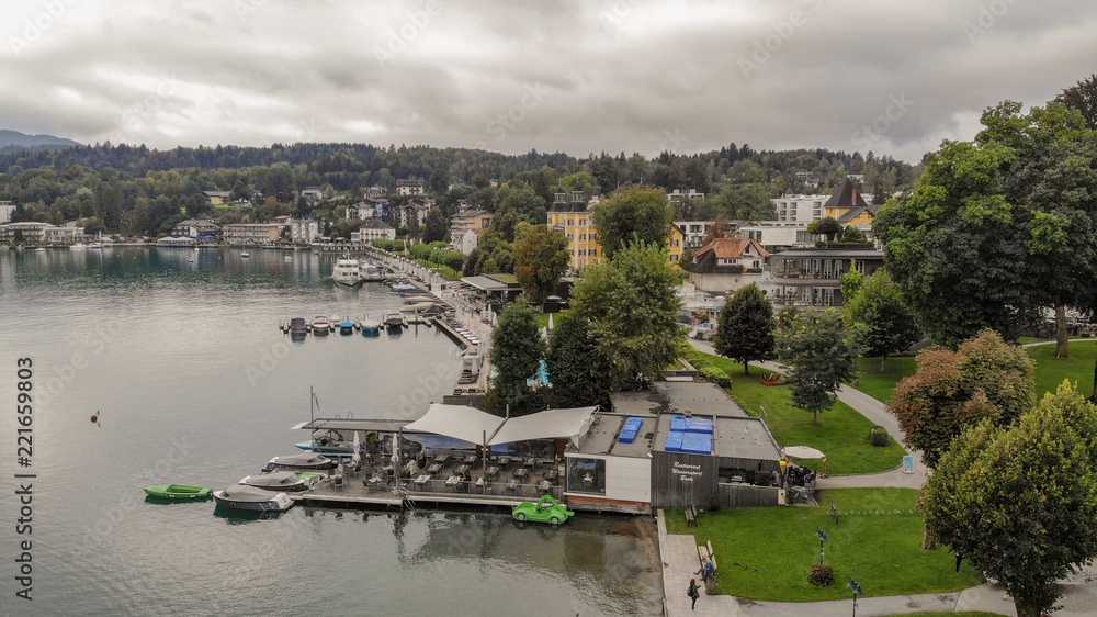 Aerial view of Velden Am Worthersee on beautiful lake Worthersee in Austria