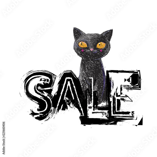 Discount price tag in black color. Sale sign with a black cat isolated on white background. Vector design illustration.