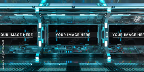 Fototapeta Naklejka Na Ścianę i Meble -  Blue spaceship interior control panel station 3D rendering