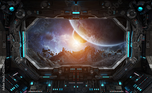 Fototapeta Naklejka Na Ścianę i Meble -  Spaceship grunge interior with view on exoplanet