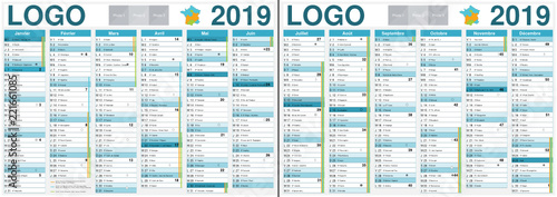 Calendrier 2019 avec vacances scolaires officielles au format A3 recto verso entièrement modifiable via calques et texte arial