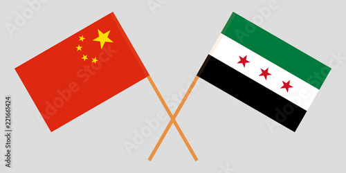 Crossed Syrian National Coalition and China flags. Official colors. Correct proportion. Vector
