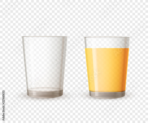 Empty realistic glossy glass and full of orange juice on transparent background