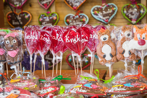 Souvenir gingerbread of different shapes on one of the traditional market in Cracow, Poland. © Curioso.Photography