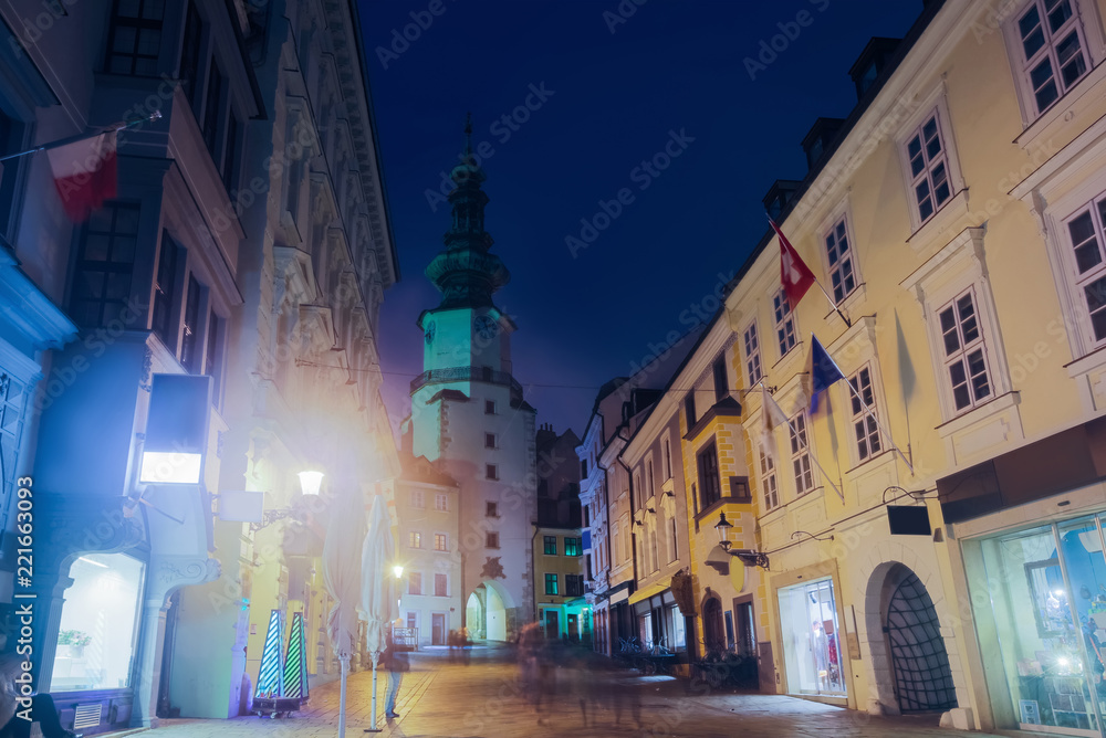 Night view of Michael Gate with a tower in  Bratislava, Slovakia