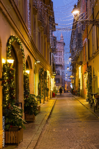 New Year's illumination streets of Parma city at evening