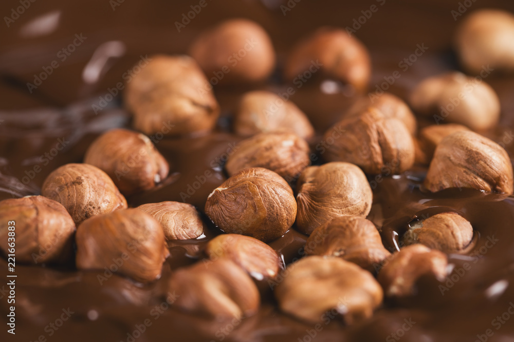 Close-up hazelnuts in melted dark chocolate Close-up hazelnuts in melted dark chocolate