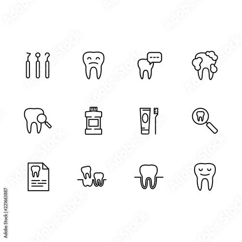 Vector icon set health teeth, dentistry, dental instruments, oral care. Implantation, orthodontics and dental treatment in medical clinic. Outline vector icon.