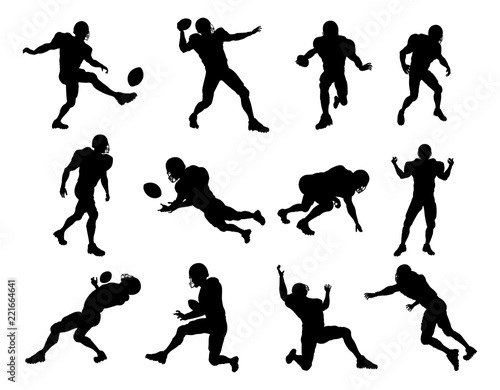 A set of detailed silhouette American Football players in lots of different poses