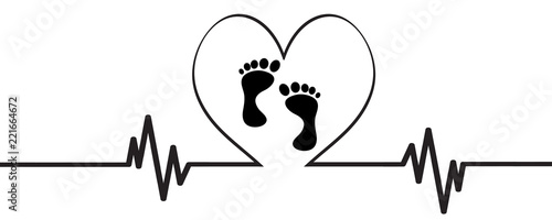 Vector illustration of heart pulse with heart and baby´s feet on a white background.