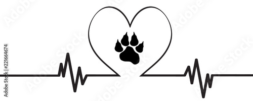 Vector illustration of heart pulse with heart and dogs paw on a white background.