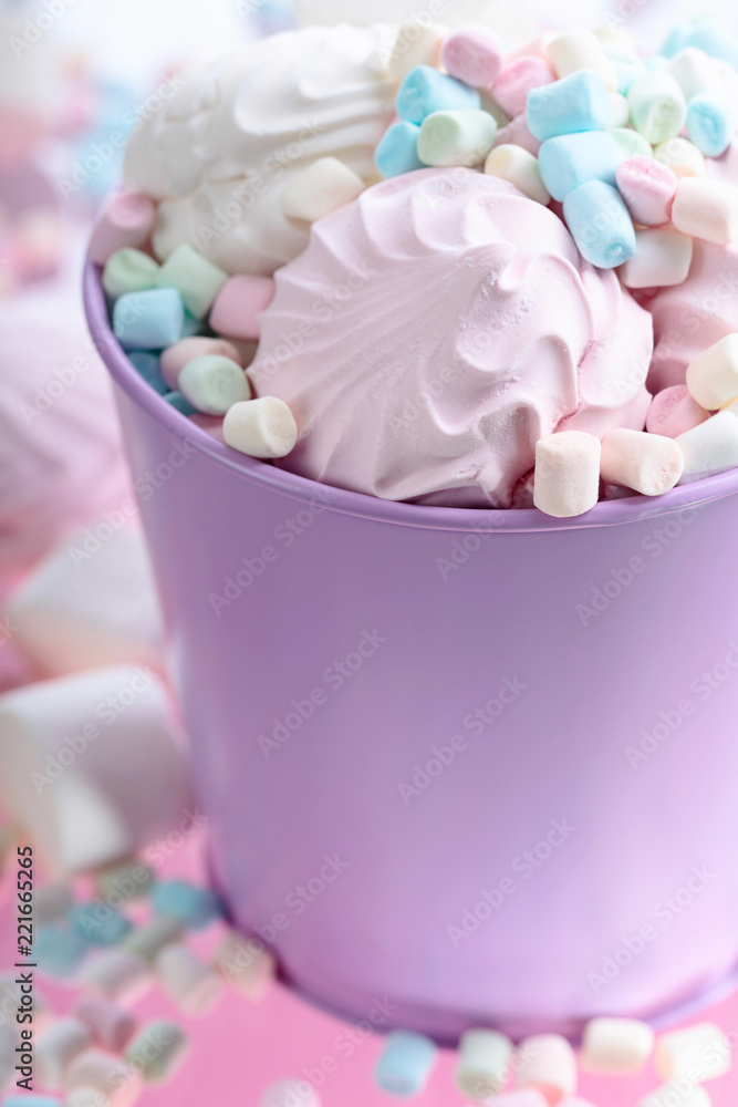 Violet pail with various marshmallows. Violet pail with various marshmallows.