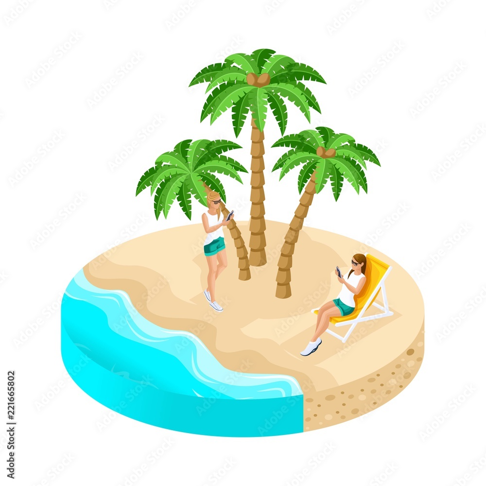 Isometric island with beautiful scenery, sea, beach, sand, palm trees, girls on vacation enjoy nature