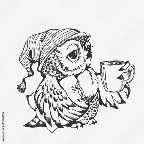 Cute owl cartoon character line sketch
