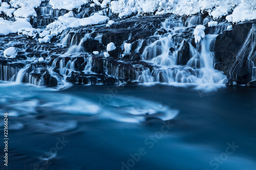 Hraunfossar waterfall in winter, Iceland.