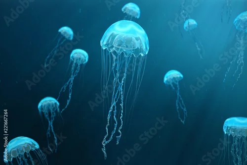 Obraz 3D ilustracyjny tło jellyfish. Meduza pływa w morzu oceanu, światło przepływa przez wodę, tworząc efekt promieni objętościowych. Niebezpieczne niebieskie meduzy