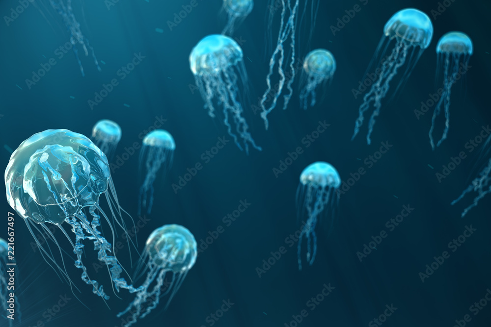 Fototapeta premium 3D ilustracji tle meduzy. Meduza pływa w morzu oceanu, światło przechodzi przez wodę, tworząc efekt promieni objętościowych. Niebezpieczne niebieskie meduzy