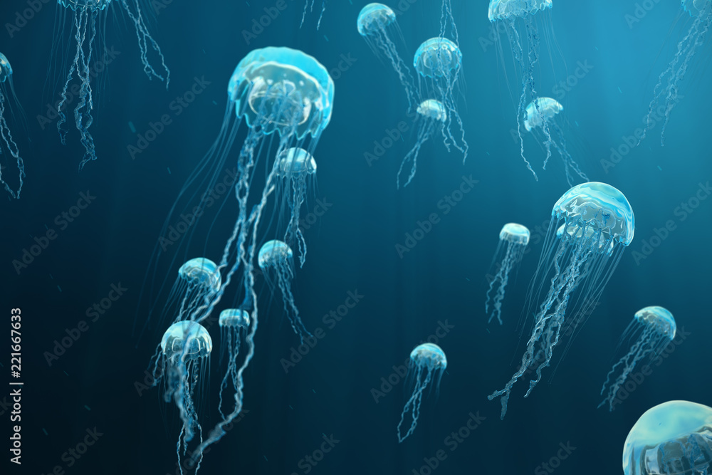Naklejka premium 3D ilustracji tle meduzy. Meduza pływa w oceanie, światło przechodzi przez wodę, tworząc efekt promieni objętościowych. Niebezpieczne niebieskie meduzy