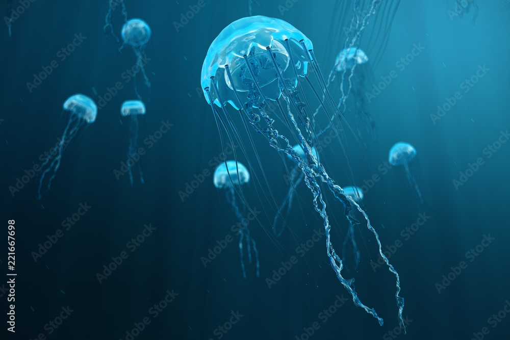 Fototapeta premium 3D ilustracji tle meduzy. Meduza pływa w oceanie, światło przechodzi przez wodę, tworząc efekt promieni objętościowych. Niebezpieczne niebieskie meduzy