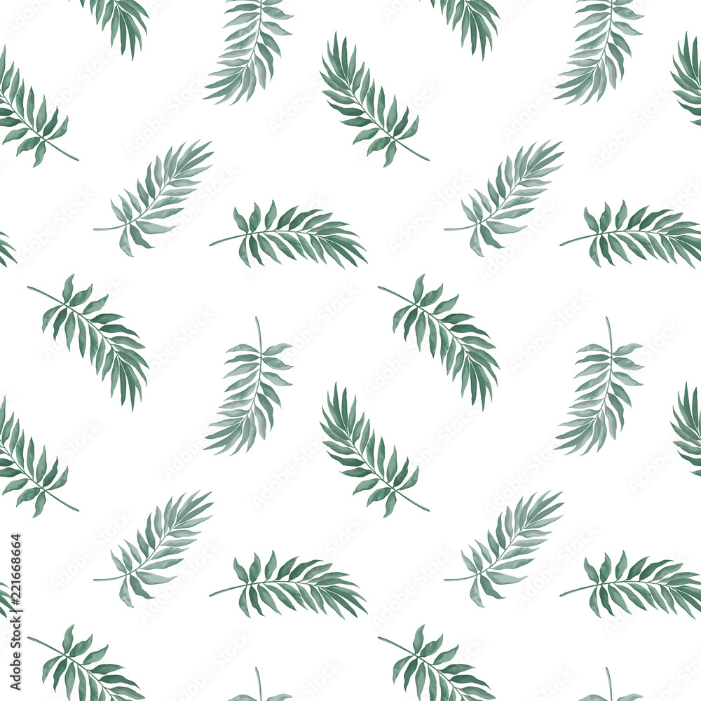 Vector seamless pattern with green leaves in watercolor style on white background