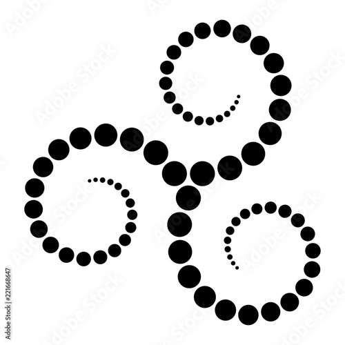 Celtic triskelion spiral made of black dots. Increasing points from the center of the spirals forming a triple spiral. Twisted and connected spirals. Isolated illustration on white background. Vector.