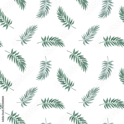Vector seamless pattern with green leaves in watercolor style on white background