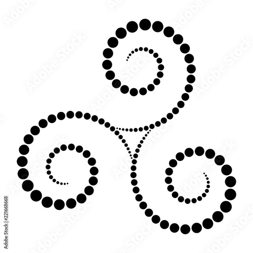 Black dotted Celtic triskelion spiral. Increasing points from the center of the spirals forming a triple spiral. Twisted and connected spirals. Isolated illustration on white background. Vector.